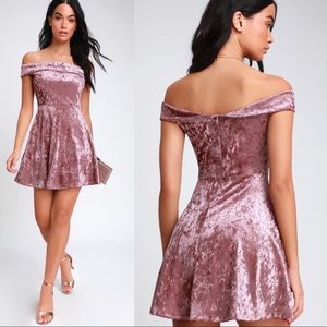 Lulus Season of Fun Dusty Mauve Pink Velvet Off the Shoulder Skater Dress S